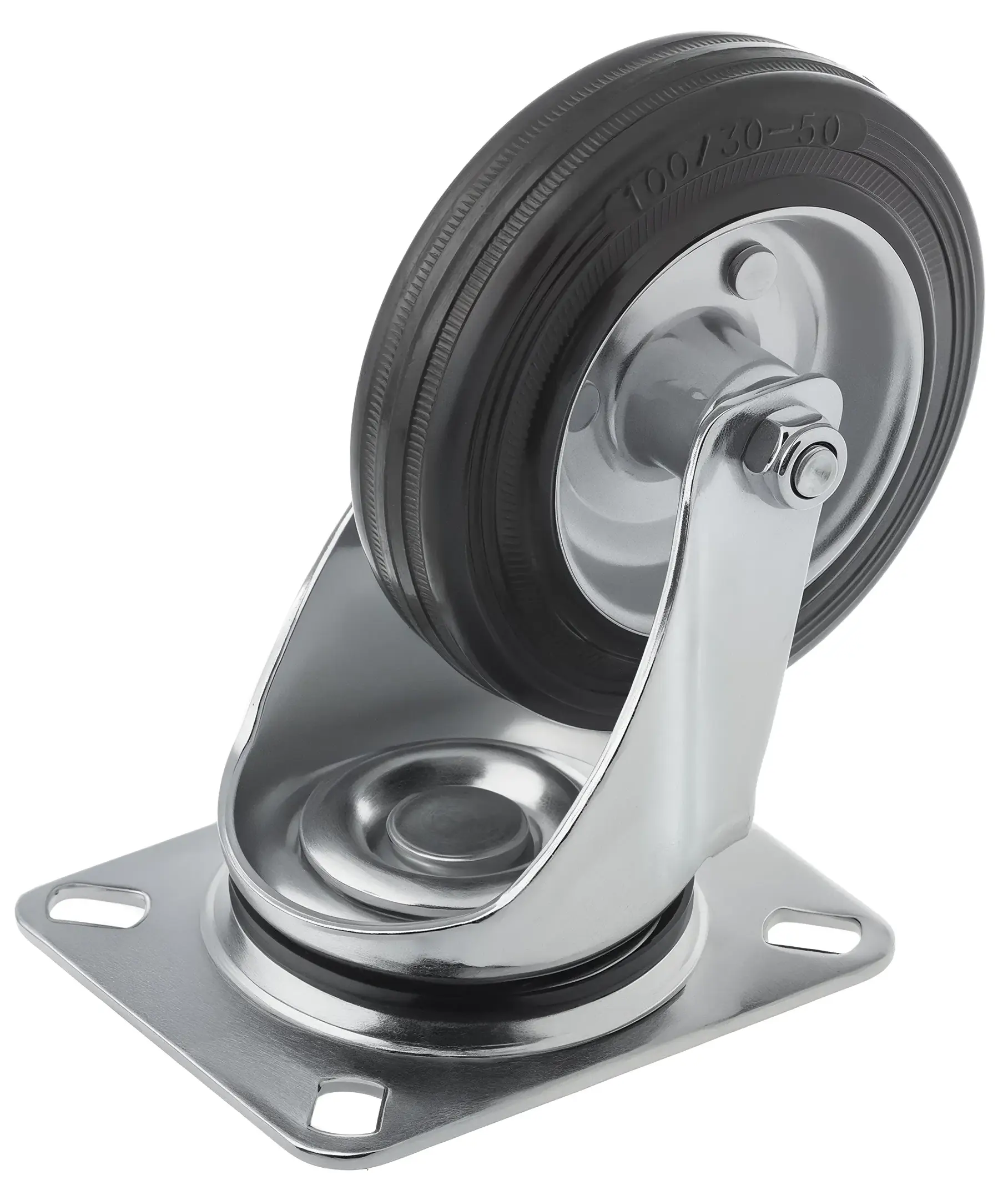 Промышленное усиленное колесо, диаметр 100мм, крепление - поворотная площадка, черная резина, роликовый подшипник - SRC 42